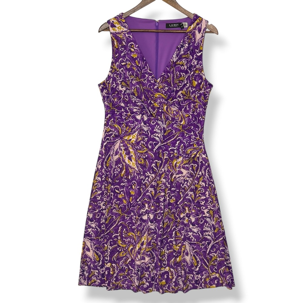 Lauren Ralph Lauren Dress 12 Purple NEW Floral Paisley Faux Wrap Midi Wedding